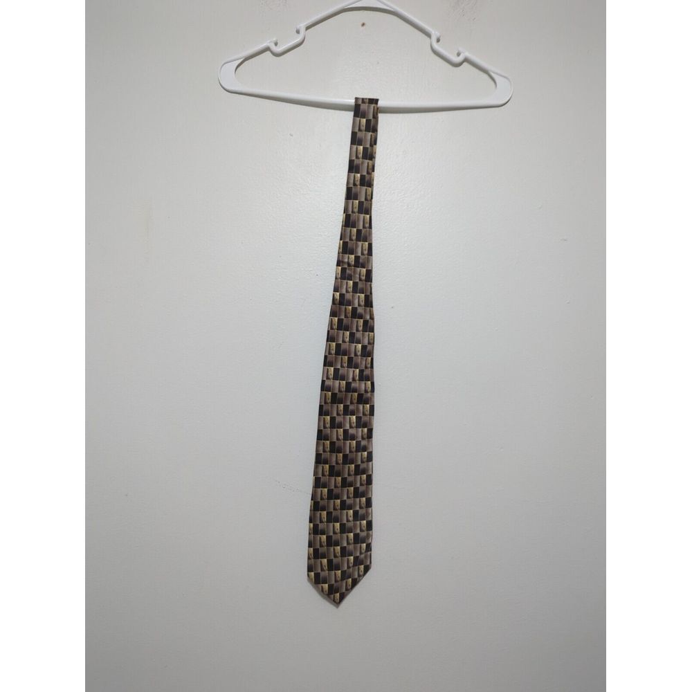 Pierre Cardin Mens Silk Tie Black Gold Silver Geometric Checkerboard Made in USA